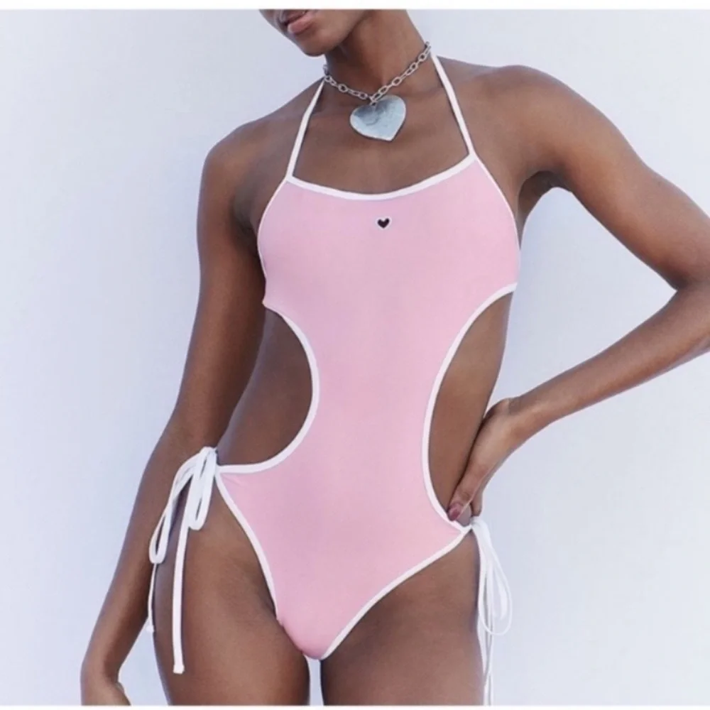 New! Frankie’s bikinis Amalia one piece monokini pink heart 1099